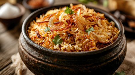 A close-up of a traditional biryani dish garnished with fried onions and coriander, served in a rustic clay pot with ample copy spaceの素材