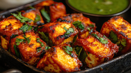 A colorful serving of paneer tikka with chutney, with ample space on the side for a messageの素材