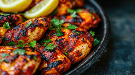 A close-up of a plate of tandoori chicken with lemon wedges, leaving space on the side for textの素材