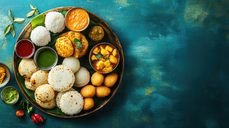 A colorful platter of South Indian snacks like vada and idli, with room on the top for textの素材