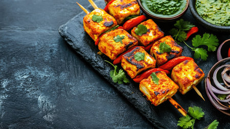A colorful serving of paneer tikka with chutney, with ample space on the side for a messageの素材