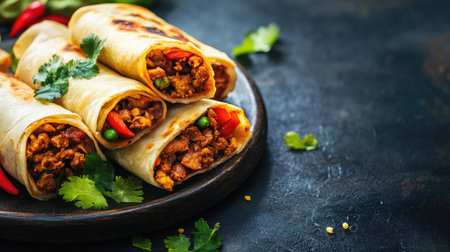 A serving of kathi rolls filled with spiced meat, with space on the side for copyの素材