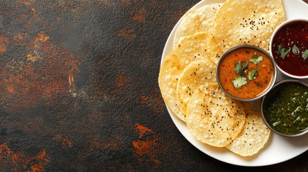 A plate of crispy papadum with chutneys, with a blank area on the right for a messageの素材
