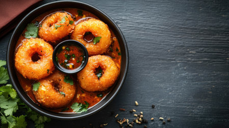 A serving of hot, crispy medu vada with sambar, with blank space on the side for copyの素材