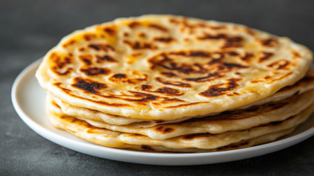 A stack of buttery parathas placed on a white plate, with ample space above for textの素材
