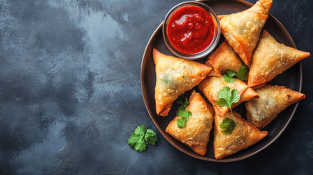 A serving of hot, crispy samosas with chutney, with room on the top for textの素材