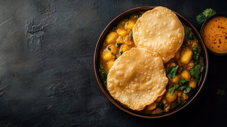 A serving of hot, crispy poori with aloo sabzi, with blank space on the side for copyの素材