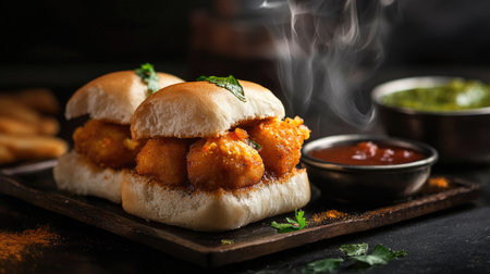 A serving of hot, steaming vada pav with chutney, with room on the right for textの素材