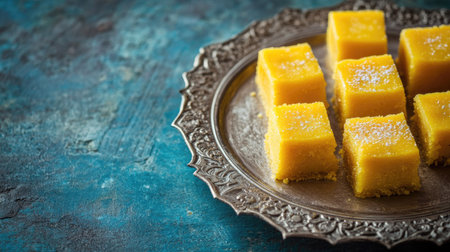 A traditional South Indian sweet, Mysore pak, served on a silver plate with space on the left for copyの素材