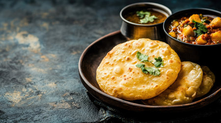 A serving of hot, crispy poori with aloo sabzi, with blank space on the side for copyの素材