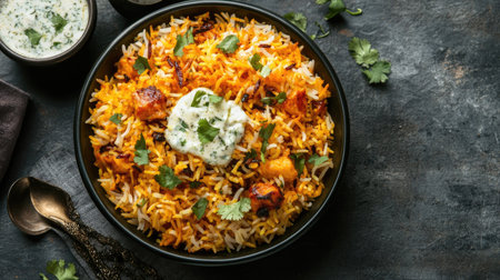 A serving of hot, spicy biryani with raita, with room on the top for textの素材