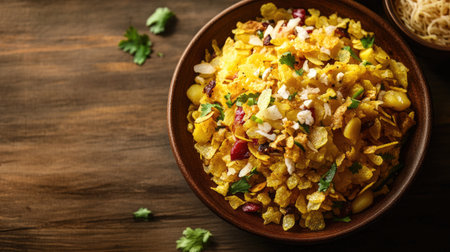 A serving of hot, crispy poha with sev, with blank space on the side for copyの素材