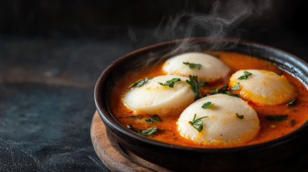 A serving of hot, steaming idlis with sambar, with blank space on the side for copyの素材