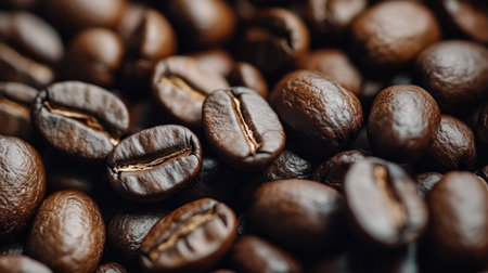 A close-up of freshly roasted coffee beans, with space on the side for a messageの素材