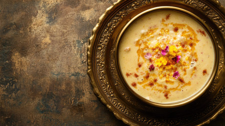 A traditional South Indian sweet, payasam, served in a brass bowl with space on the left for copyの素材