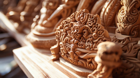 A close-up of intricately carved wooden handicrafts, with ample space on the side for copyの素材