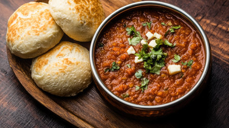 A serving of Pav Bhaji with a side of buttered buns, with space on the side for copyの素材