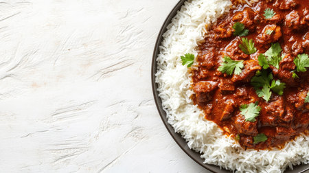 A serving of rich, flavorful rogan josh with rice, with a blank area on the right for copyの素材