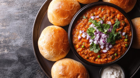A serving of Pav Bhaji with a side of buttered buns, with space on the side for copyの素材