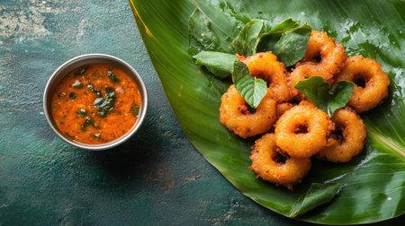 A traditional South Indian dish, vada with sambar, served on a banana leaf with space on the side for copyの素材
