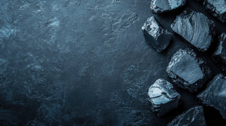 A close-up of raw coal chunks on a dark background, with ample space on the left for copyの素材
