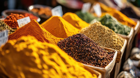 A close-up of organic spices in a market stall, with room on the side for a messageの素材