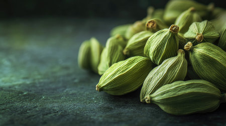 A close-up of fresh green cardamom pods, with space on the side for a messageの素材