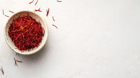 A bowl of saffron strands on a white surface, leaving room for text on the sideの素材