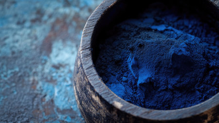 A close-up of natural indigo dye in a wooden container, with space on the side for a messageの素材