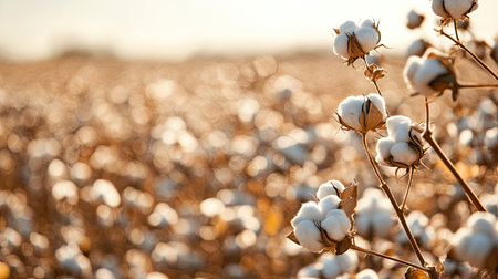 A close-up of raw cotton in a cotton field, with space on the side for a messageの素材