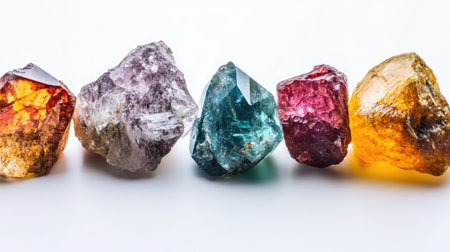 A collection of rough, uncut gemstones with room on the left for copyの素材