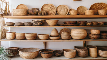 A display of handwoven baskets made from natural fibers with ample space on the left for copyの素材