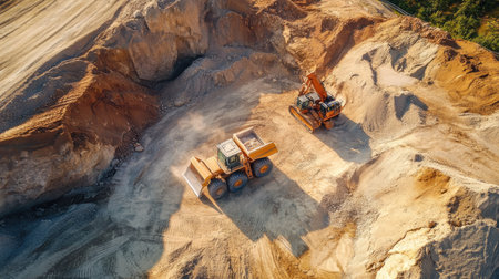 A sand quarry with machinery at work leaving space on the left for textの素材