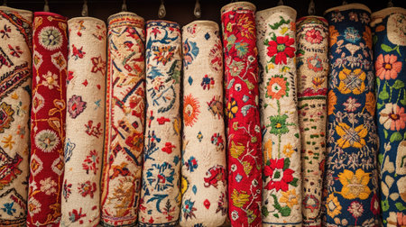 A display of intricately embroidered textiles, with ample space on the left for copyの素材