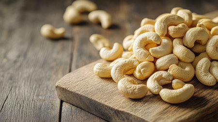 A pile of cashew nuts on a wooden board, with room on the left for textの素材
