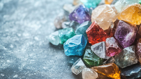 A pile of rough uncut gems with a soft background leaving room for text on the rightの素材