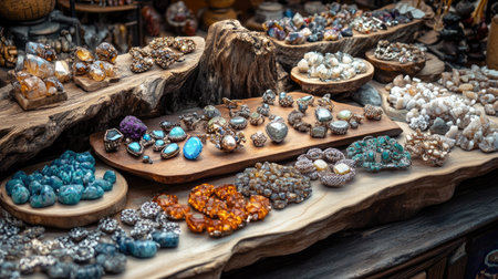 A display of handcrafted jewelry with gemstones, with space on the top for a messageの素材