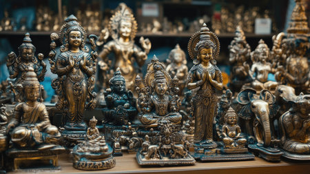 A display of intricately designed brass statues, with room on the left for copyの素材