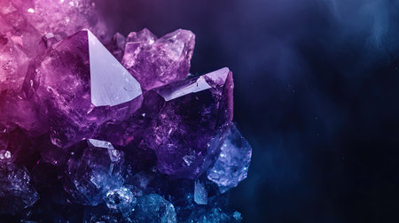 Fluorite crystals shining against a dark background with ample space on the right for textの素材