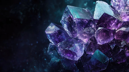 Fluorite crystals shining against a dark background with ample space on the right for textの素材