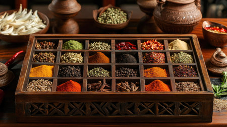 A display of traditional Indian spices in a wooden box, with room on the left for copyの素材