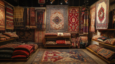 A display of handwoven carpets with intricate patterns, with room on the left for textの素材