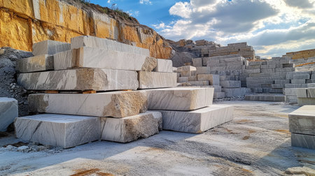 Polished marble slabs stacked in a quarry with room on the top for textの素材
