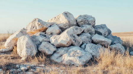 A mound of limestone rocks with a soft background, leaving room on the side for copyの素材