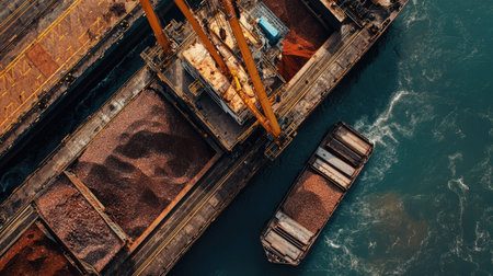 Iron ore being loaded onto a cargo ship with ample space on the top for textの素材