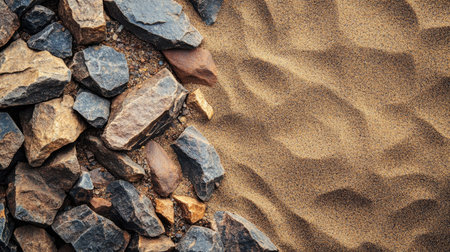 Iron ore rocks scattered on a sandy surface, with blank space on the side for copyの素材