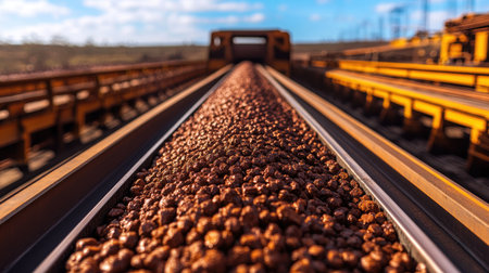 Iron ore pellets on a conveyor belt with space on the top for copyの素材