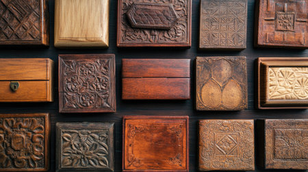A selection of traditional hand carved wooden boxes with room on the top for textの素材
