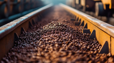 Iron ore pellets on a conveyor belt with space on the top for copyの素材