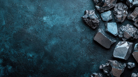 Titanium ore pieces arranged on a dark background with room on the left for textの素材